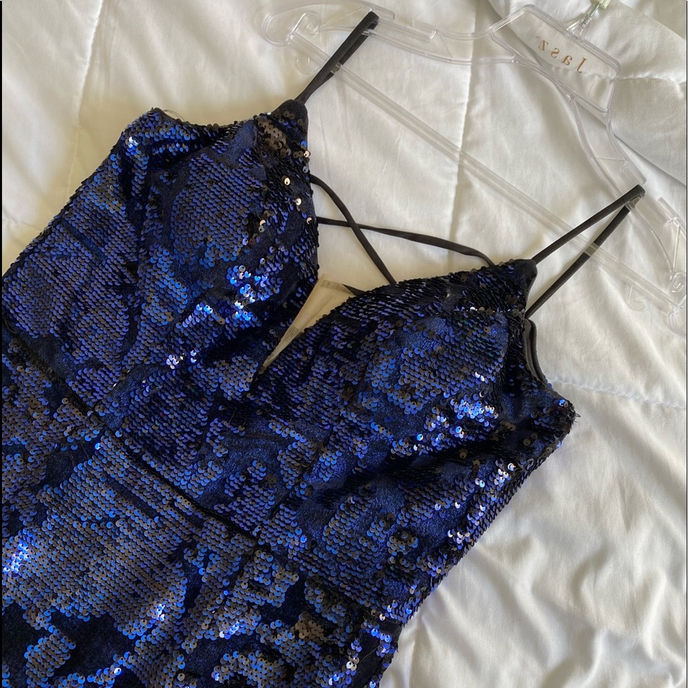 Jasz Couture blue sequin tie up gown